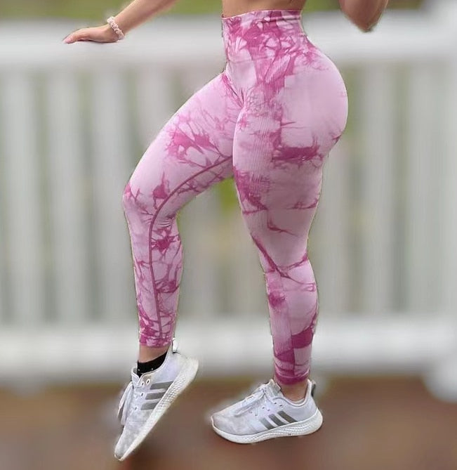 Women Tiedye Gym Leggings Seamless Push Up Yoga Pants Thick material Scrunch Sports Fitness High Waist Workout Leggins Drop Ship pink