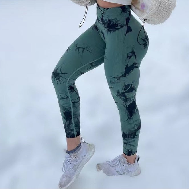 Women Tiedye Gym Leggings Seamless Push Up Yoga Pants Thick material Scrunch Sports Fitness High Waist Workout Leggins Drop Ship dark green