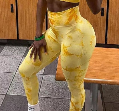 Women Tiedye Gym Leggings Seamless Push Up Yoga Pants Thick material Scrunch Sports Fitness High Waist Workout Leggins Drop Ship yellow