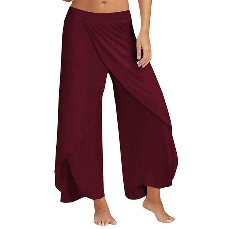 Women Wide Leg Pants Loose Fitness Yoga Split Trousers Mandala Open Leg Pants Comfort Gypsy Hippie Aladdin Harem Pants Wine Red