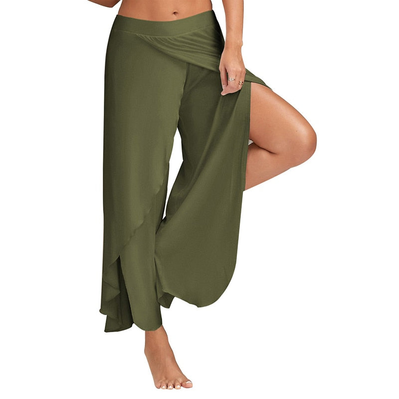 Women Wide Leg Pants Loose Fitness Yoga Split Trousers Mandala Open Leg Pants Comfort Gypsy Hippie Aladdin Harem Pants Green