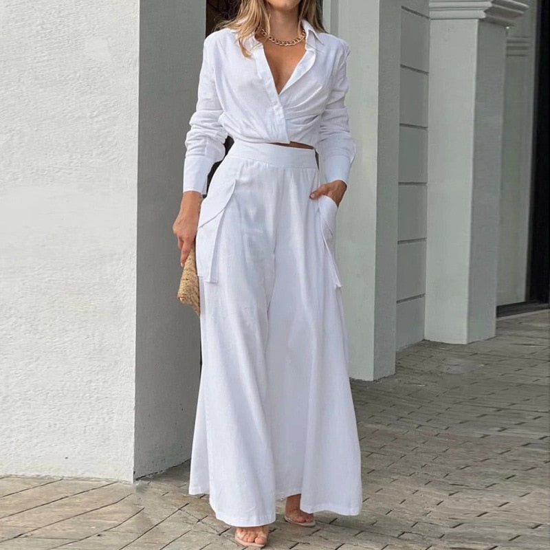Women's 2023 Fall New Simple Fashion Solid Color Loose Pocket Long Sleeve Suit White