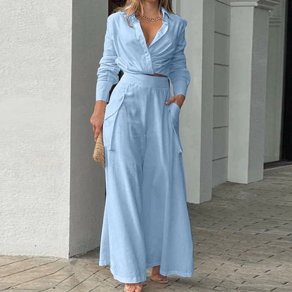 Women's 2023 Fall New Simple Fashion Solid Color Loose Pocket Long Sleeve Suit Sky Blue