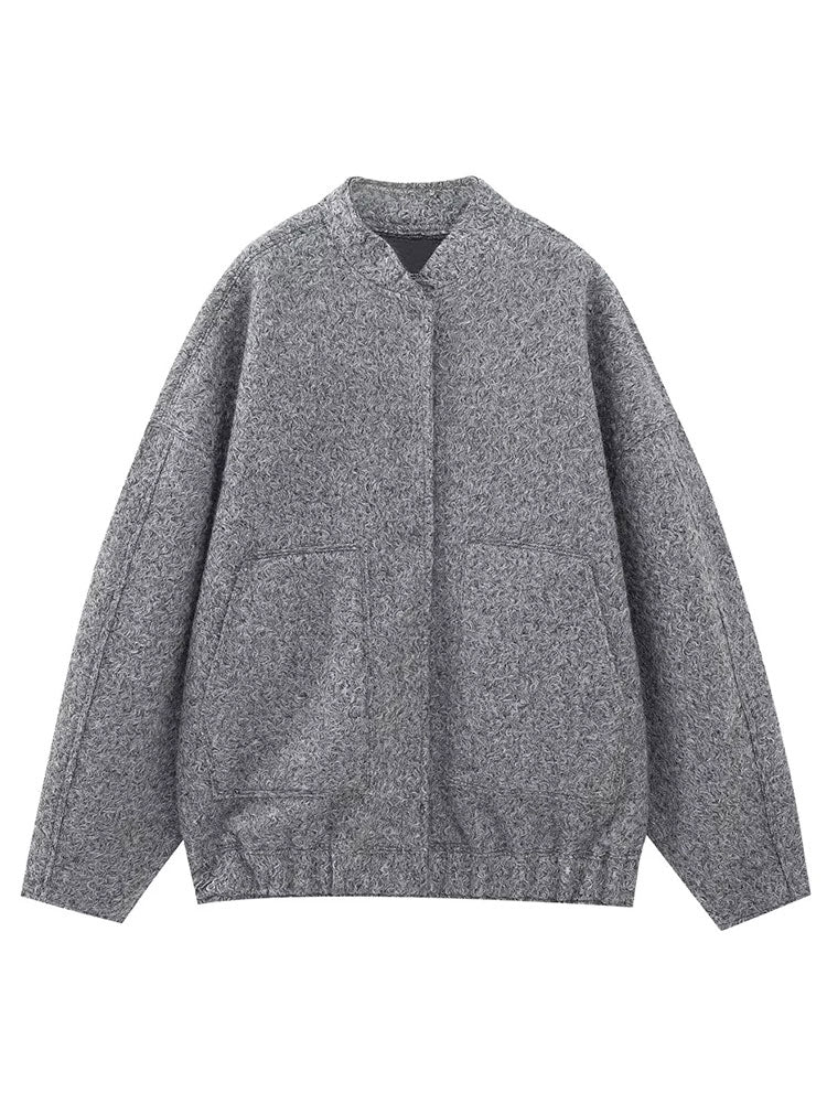 Women's Elegant Solid Coat Button Long Sleeve Pocket Bomber Jacket Female Spring Casual Loose Streetwear Coats grey