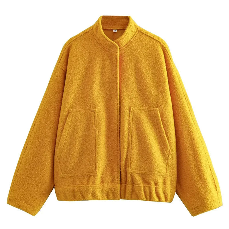 Women's Elegant Solid Coat Button Long Sleeve Pocket Bomber Jacket Female Spring Casual Loose Streetwear Coats yellow