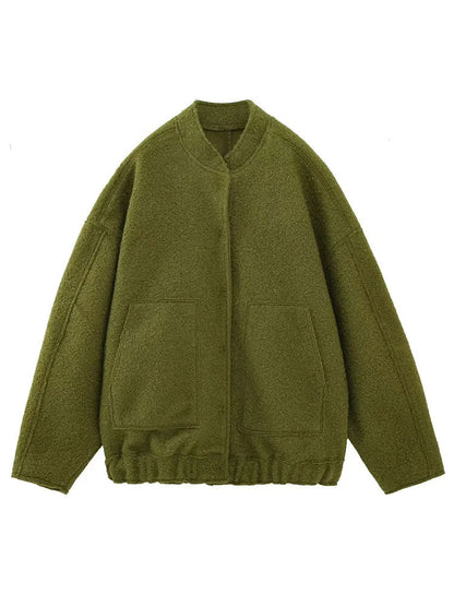 Women's Elegant Solid Coat Button Long Sleeve Pocket Bomber Jacket Female Spring Casual Loose Streetwear Coats army green