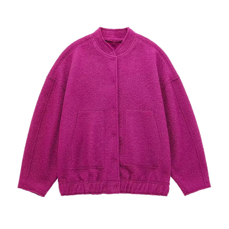 Women's Elegant Solid Coat Button Long Sleeve Pocket Bomber Jacket Female Spring Casual Loose Streetwear Coats rose red