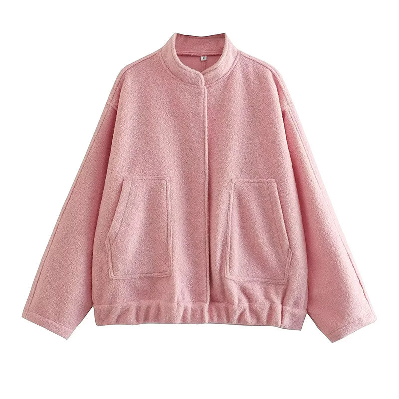 Women's Elegant Solid Coat Button Long Sleeve Pocket Bomber Jacket Female Spring Casual Loose Streetwear Coats pink