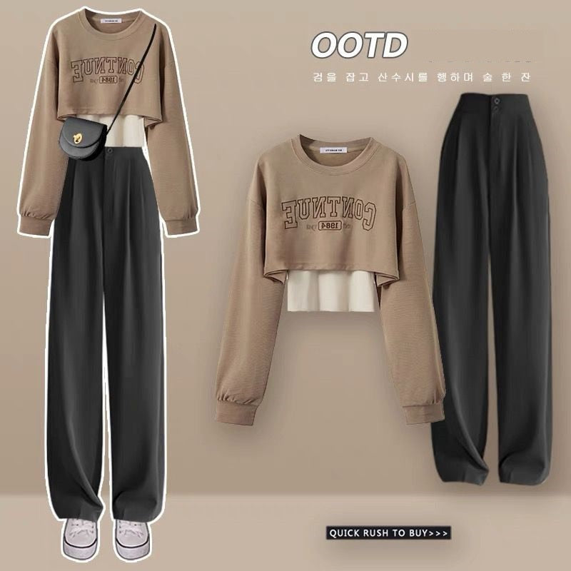 Women's Fashion Tracksuit Elegant Spring Autumn Loose Short Sweater Matching Sets Female Fake Two-piece Blouse Pants Suit