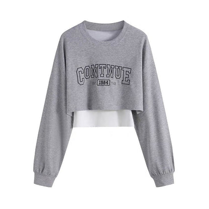 Women's Fashion Tracksuit Elegant Spring Autumn Loose Short Sweater Matching Sets Female Fake Two-piece Blouse Pants Suit Gray Top