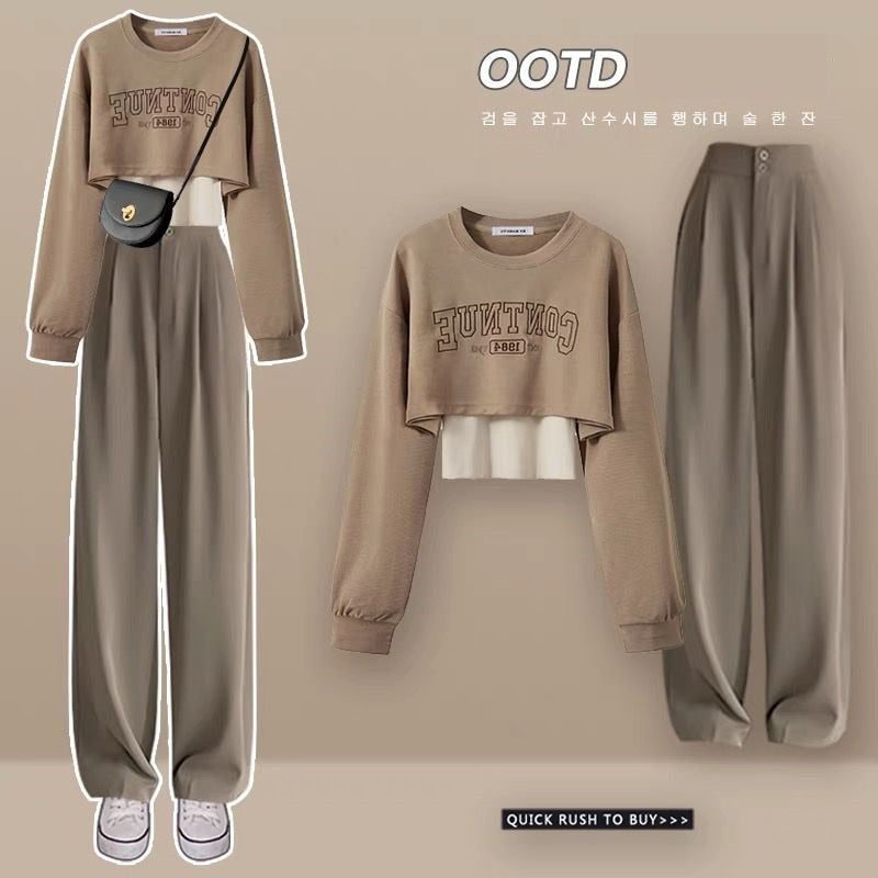 Women's Fashion Tracksuit Elegant Spring Autumn Loose Short Sweater Matching Sets Female Fake Two-piece Blouse Pants Suit Set 01