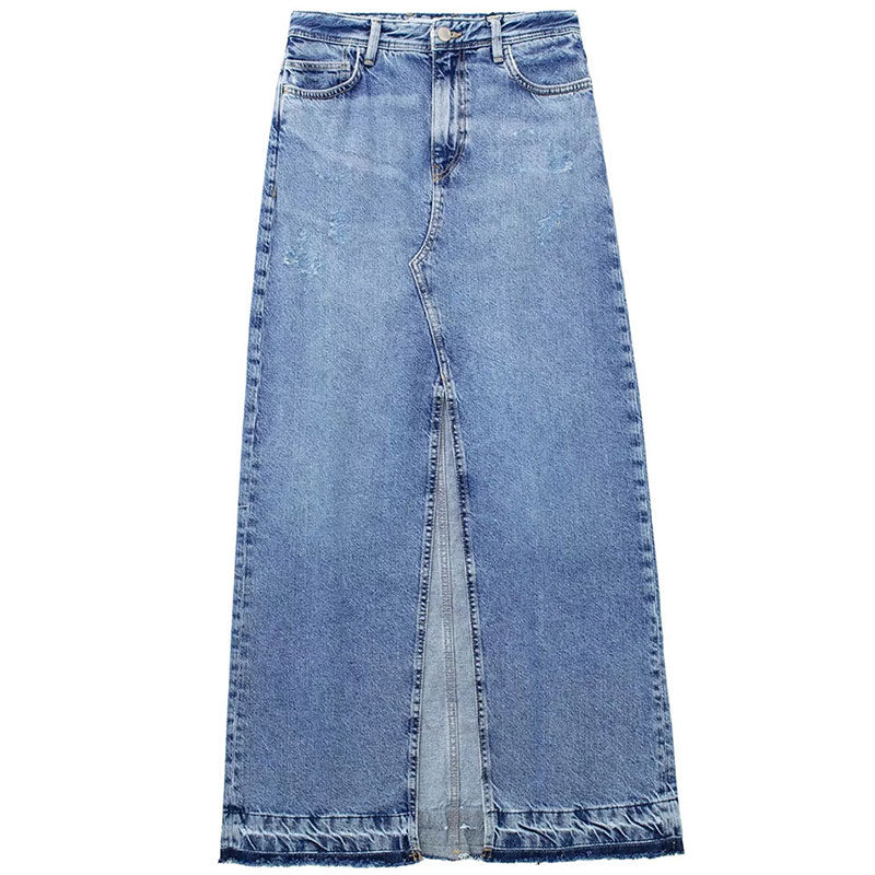 Women's Front Slit Blue Denim Skirt Pockets High Waist Slim Zipper Fly Midi Skirts Spring Female Casual Streetwear Denim Skirt 1 China