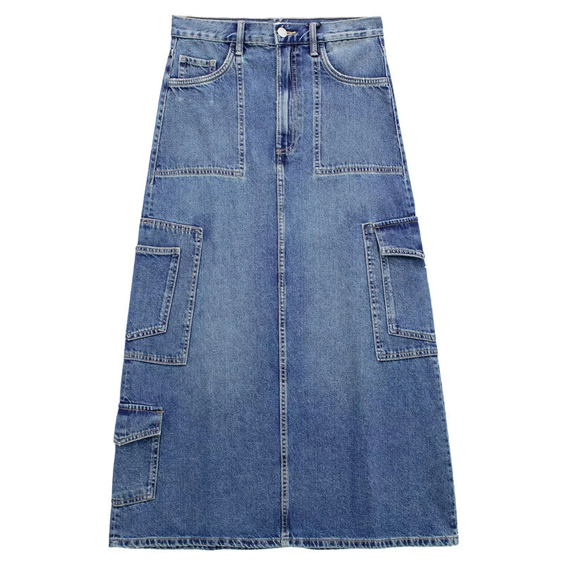 Women's Front Slit Blue Denim Skirt Pockets High Waist Slim Zipper Fly Midi Skirts Spring Female Casual Streetwear Denim Skirt 2 China