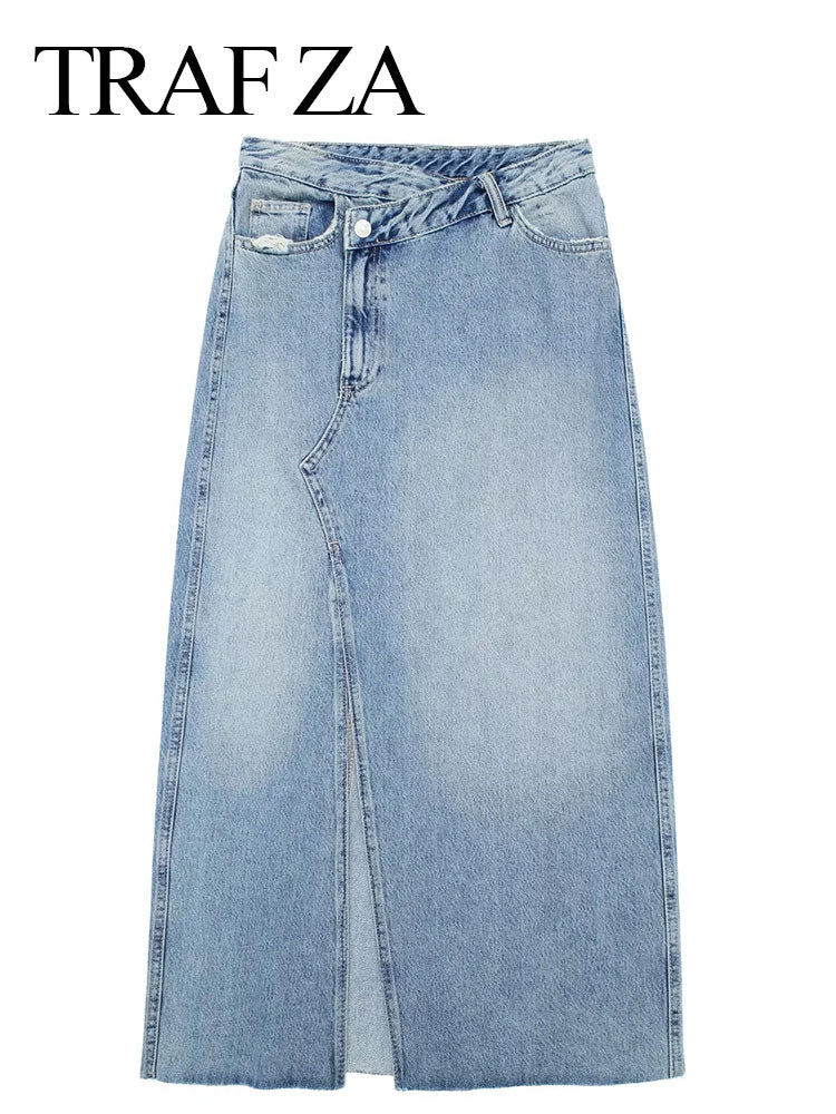 Women's Front Slit Blue Denim Skirt Pockets High Waist Slim Zipper Fly Midi Skirts Spring Female Casual Streetwear