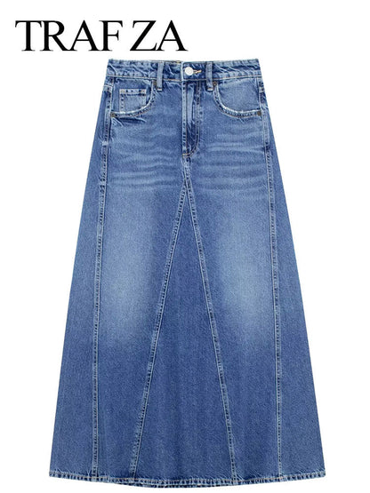 Women's Front Slit Blue Denim Skirt Pockets High Waist Slim Zipper Fly Midi Skirts Spring Female Casual Streetwear