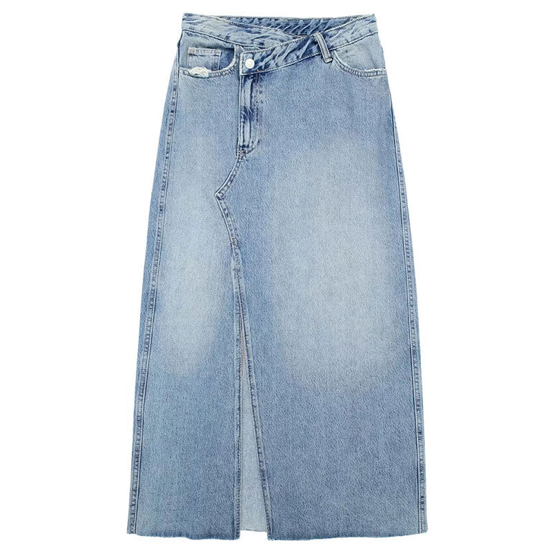 Women's Front Slit Blue Denim Skirt Pockets High Waist Slim Zipper Fly Midi Skirts Spring Female Casual Streetwear Denim Skirt 7 China