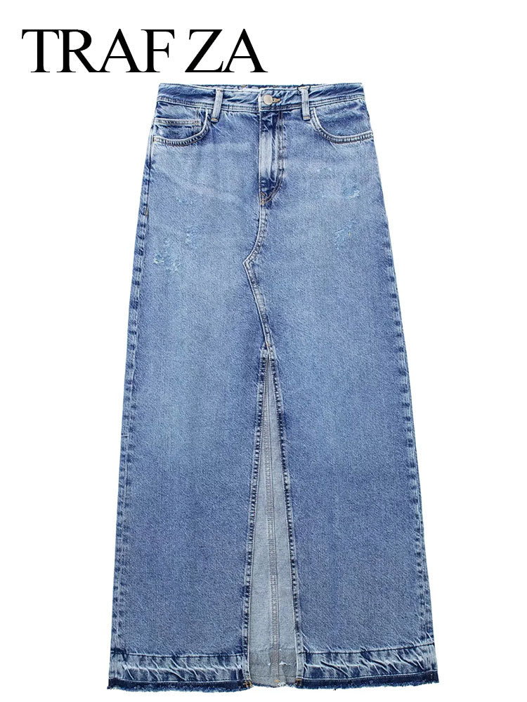 Women's Front Slit Blue Denim Skirt Pockets High Waist Slim Zipper Fly Midi Skirts Spring Female Casual Streetwear