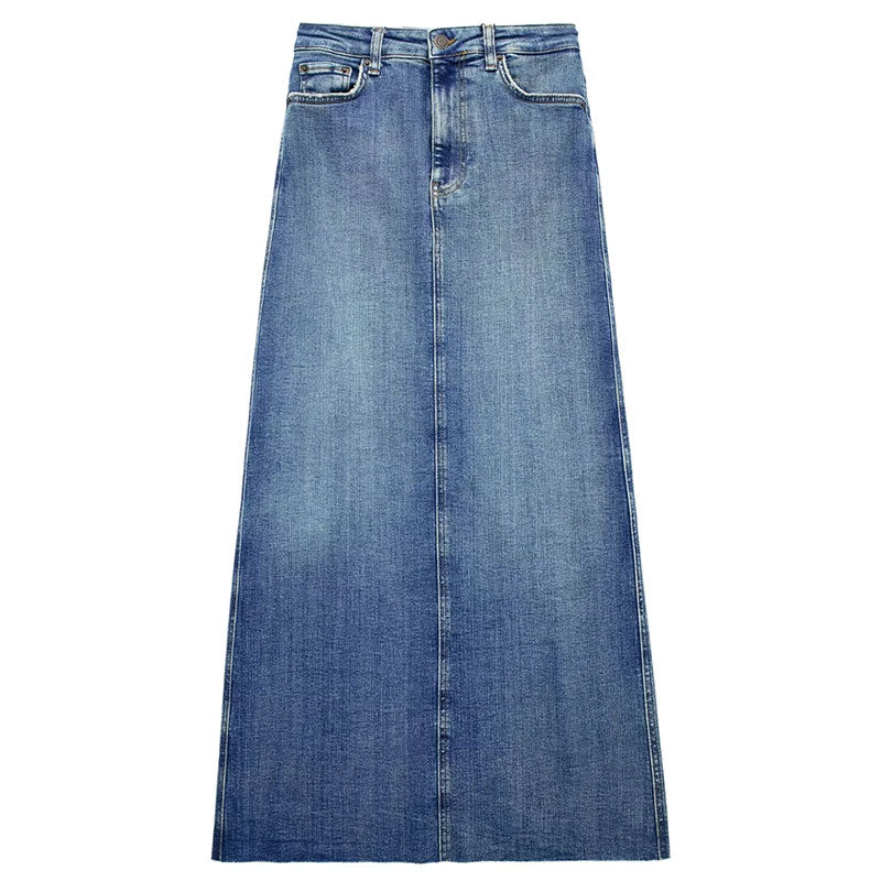 Women's Front Slit Blue Denim Skirt Pockets High Waist Slim Zipper Fly Midi Skirts Spring Female Casual Streetwear Denim Skirt 3 China