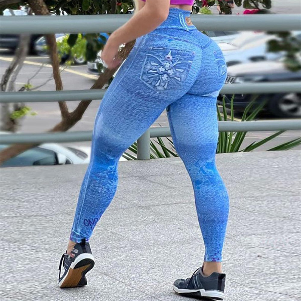 Women's Stretch Tights Jeans Retro 3D Print Leggings Brazilian Net Red Slim Fitness Pants Outdoor Sports Running Pants