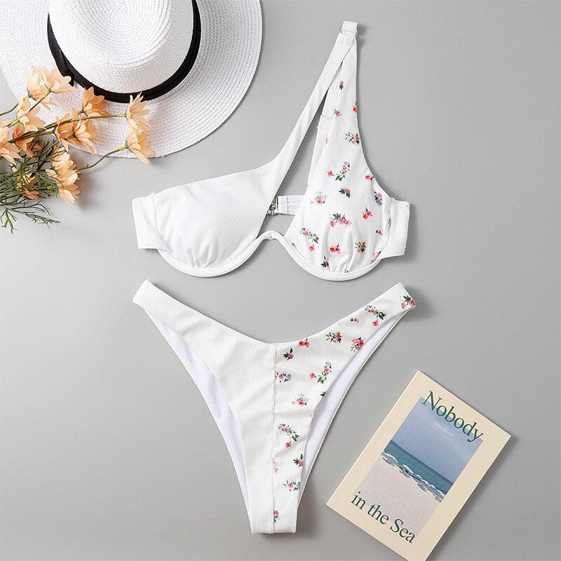 Women's Swimsuit New Two-Piece Bikinis Set Cut Out Swimwear One Shoulder Biquini Solid Color Summer Beach Bikini White Print