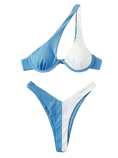 Women's Swimsuit New Two-Piece Bikinis Set Cut Out Swimwear One Shoulder Biquini Solid Color Summer Beach Bikini 3