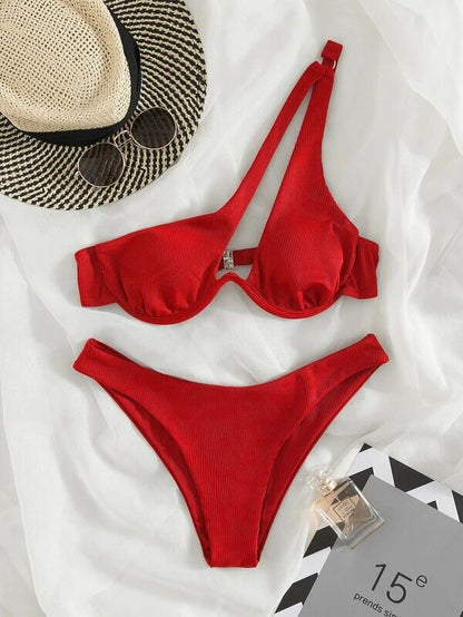 Women's Swimsuit New Two-Piece Bikinis Set Cut Out Swimwear One Shoulder Biquini Solid Color Summer Beach Bikini Red