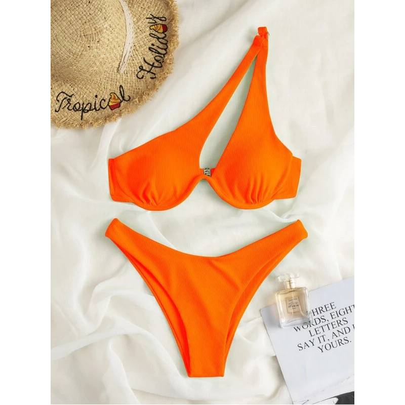 Women's Swimsuit New Two-Piece Bikinis Set Cut Out Swimwear One Shoulder Biquini Solid Color Summer Beach Bikini