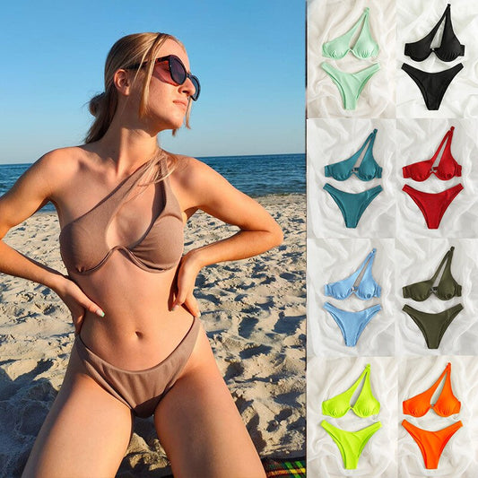 Women's Swimsuit New Two-Piece Bikinis Set Cut Out Swimwear One Shoulder Biquini Solid Color Summer Beach Bikini