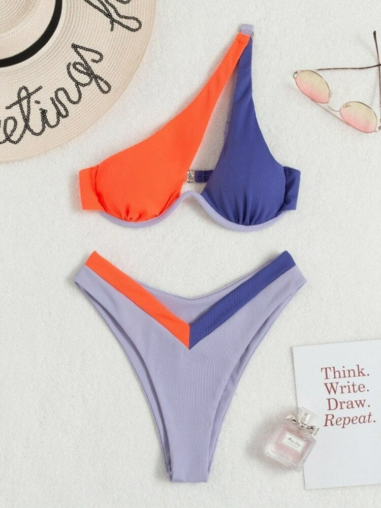 Women's Swimsuit New Two-Piece Bikinis Set Cut Out Swimwear One Shoulder Biquini Solid Color Summer Beach Bikini Splicing