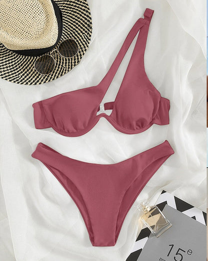 Women's Swimsuit New Two-Piece Bikinis Set Cut Out Swimwear One Shoulder Biquini Solid Color Summer Beach Bikini Brown