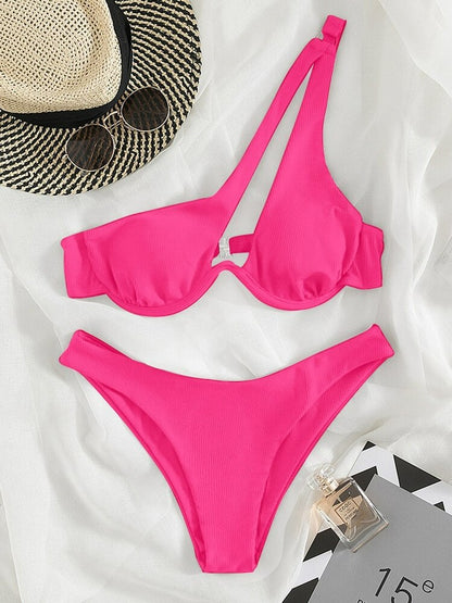 Women's Swimsuit New Two-Piece Bikinis Set Cut Out Swimwear One Shoulder Biquini Solid Color Summer Beach Bikini