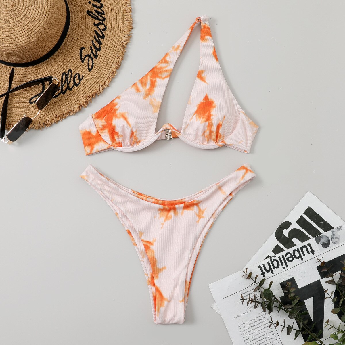 Women's Swimsuit New Two-Piece Bikinis Set Cut Out Swimwear One Shoulder Biquini Solid Color Summer Beach Bikini