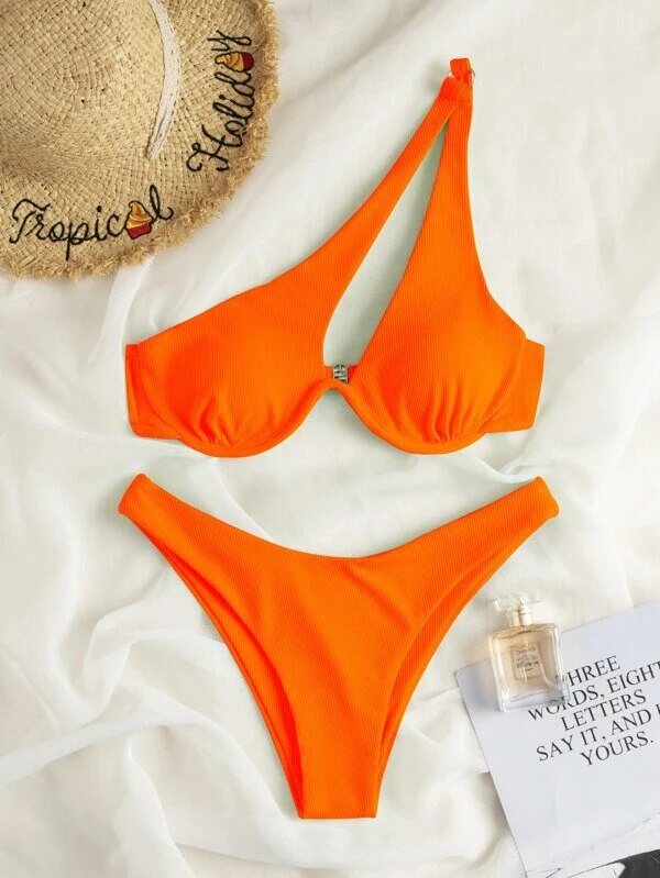Women's Swimsuit New Two-Piece Bikinis Set Cut Out Swimwear One Shoulder Biquini Solid Color Summer Beach Bikini Orange