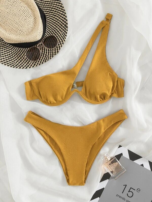 Women's Swimsuit New Two-Piece Bikinis Set Cut Out Swimwear One Shoulder Biquini Solid Color Summer Beach Bikini Yellow