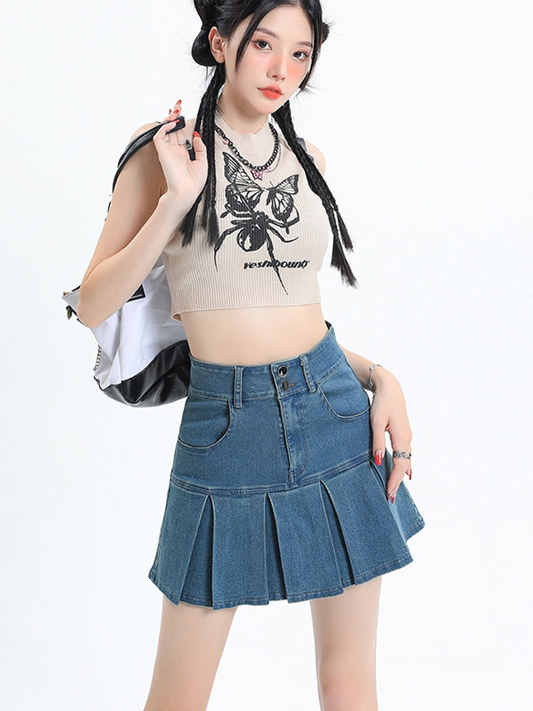 Zoki Sexy Pleated Women High Waist Denim Skirt Fashion Pockets A Line Skirts Summer Harajuku High Quality Vintage Skirt