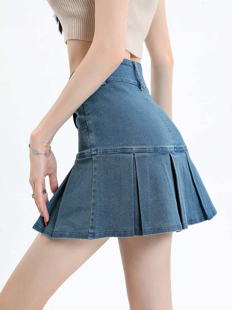 Zoki Sexy Pleated Women High Waist Denim Skirt Fashion Pockets A Line Skirts Summer Harajuku High Quality Vintage Skirt