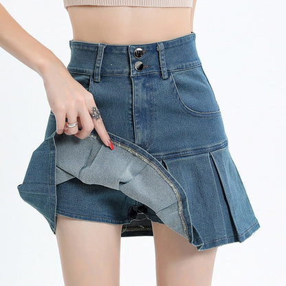 Zoki Sexy Pleated Women High Waist Denim Skirt Fashion Pockets A Line Skirts Summer Harajuku High Quality Vintage Skirt Blue