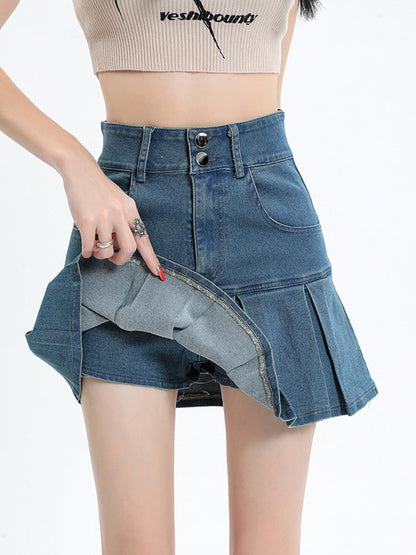 Zoki Sexy Pleated Women High Waist Denim Skirt Fashion Pockets A Line Skirts Summer Harajuku High Quality Vintage Skirt