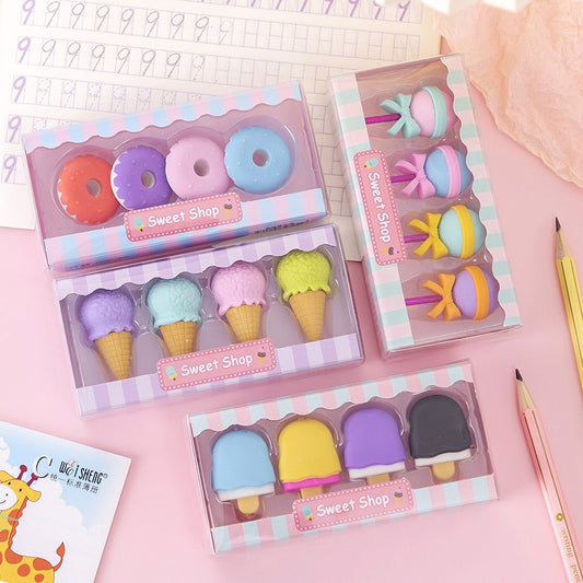 4pcs Yummy Icecream Erasers Set Mini Lollipop Dessert Popsicle Donuts Rubber Pencil Eraser for Kids Gift School Student Award